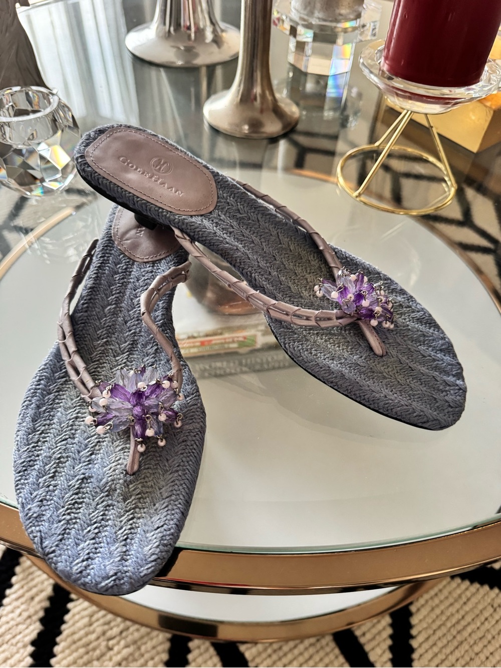 Cole Haan Gray Braided Thong Sandals with Purple Bead Floral Accent